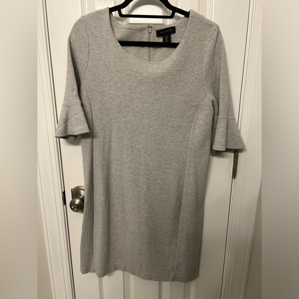 Tahari Light Gray Textured Midi Dress with Ruffle Sleeves
